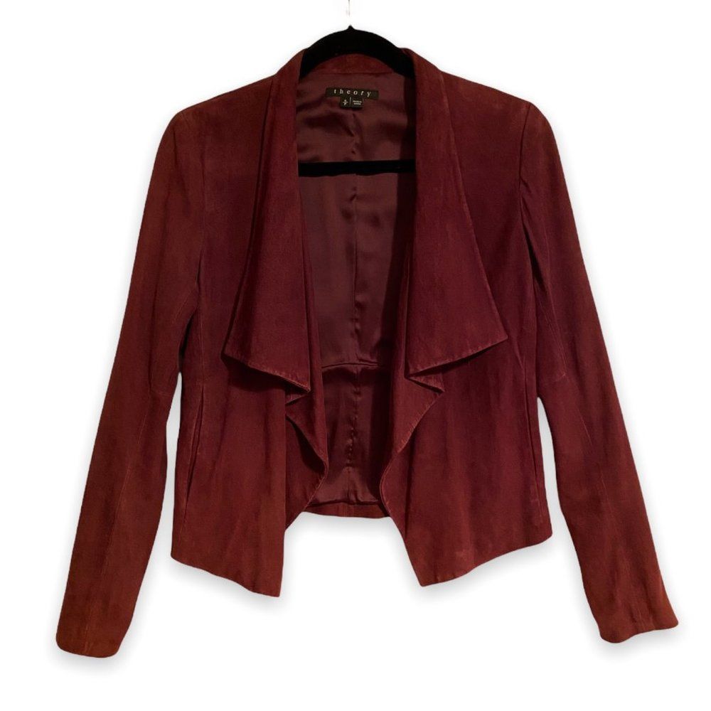 THEORY Burgundy Drape Front Suede Jacket, Size S/P